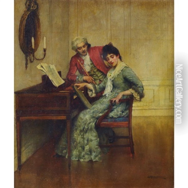 At The Spinet Oil Painting - William A. Breakspeare