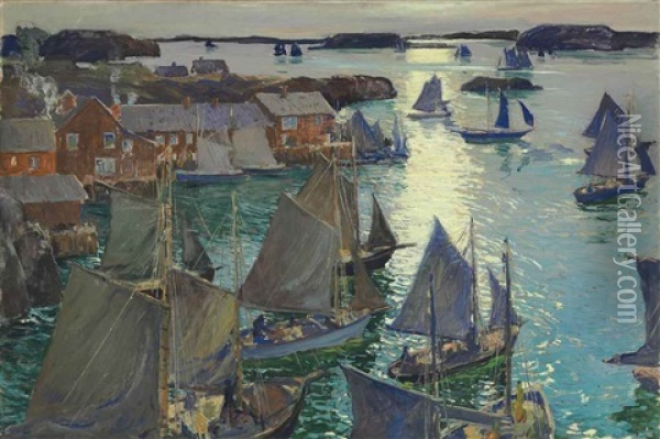 Anchored Boats Oil Painting - Jonas Lie