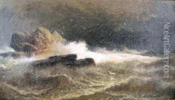 Ocean Waves Crashing Onrocks Oil Painting - William H. Weisman