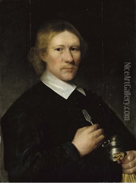Portrait Of A Dentist In A Black Coat With A White Collar, A Silver Tongue-spatula In His Right Hand And A Silver Box Under His Left Arm Oil Painting - Jacob Gerritsz Cuyp