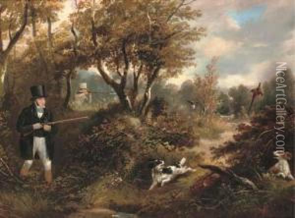 Pheasant Shooting In A Wooded Landscape Oil Painting - Samuel John Egbert Jones