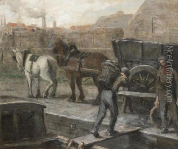 Man With Horsecart Alongside The Quay Oil Painting - Jules Montigny