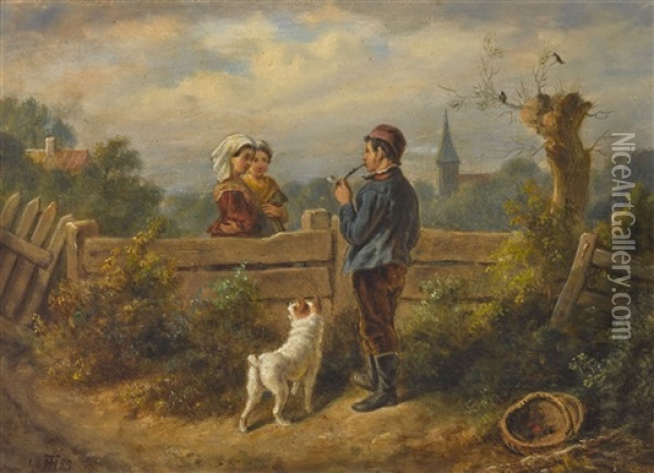Unterhaltung Am Gatter Oil Painting - Theodor (Fried. Wilhelm Heinrich Th.) Hosemann