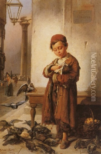 Feeding The Birds Oil Painting - Antonio Rotta