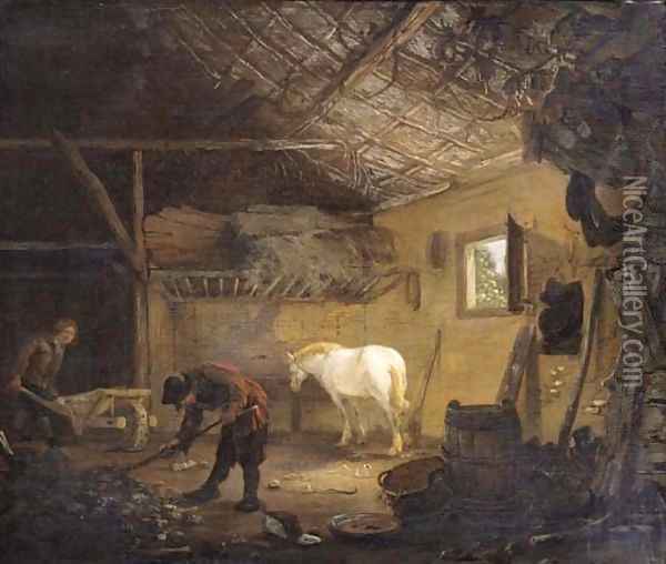Grooms at work in a stable Oil Painting - Cornelius Decker