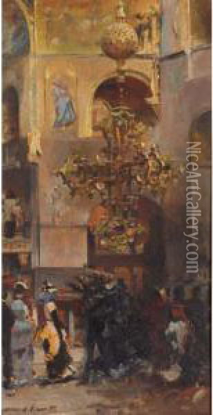 Interior Of San Marco Oil Painting - Jose Garcia Ramos