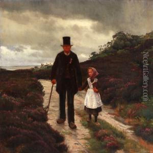 Grandfather And A Girl On A Road Surrounded By Heather Oil Painting - Hans Ludvig Smidth