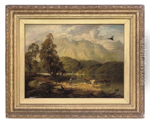 An Extensive River Landscape With Cattle Watering Oil Painting - Thomas Whittle the Younger