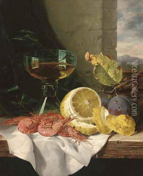 Plums, shrimps, a lemon and a glass of wine, on a wooden ledge Oil Painting - Edward Ladell