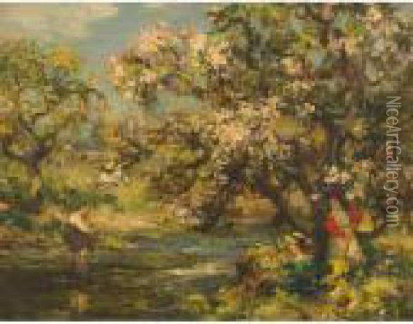 Girls Fishing At Springtime Oil Painting - William Stewart MacGeorge