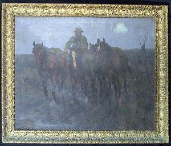 A Man With Horses In An Open Field Oil Painting - Thure Thulstrup