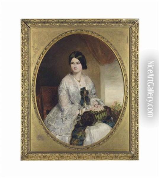 Portrait Of Lady Georgina Lygon, Three-quarter Length, In A White Dress With An Accordion Oil Painting - James Rannie Swinton