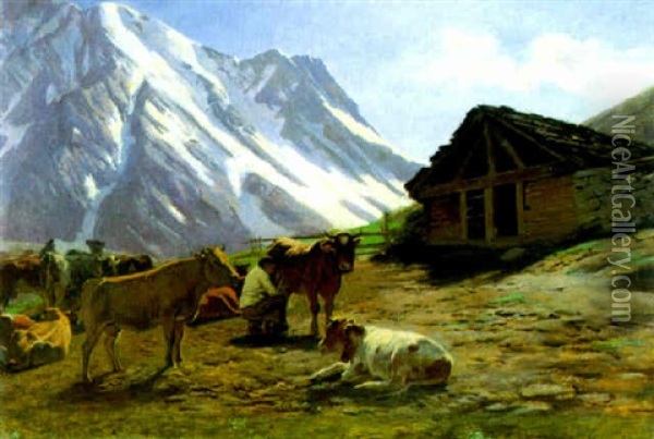 Berglandschaft Mit Kuhen Und Senn Oil Painting - Albert Lugardon
