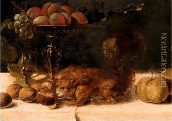 Still Life Of A Gilt Tazza With Peaches And Grapes, Together With A Squirrel And Walnuts Oil Painting - Frans Snyders