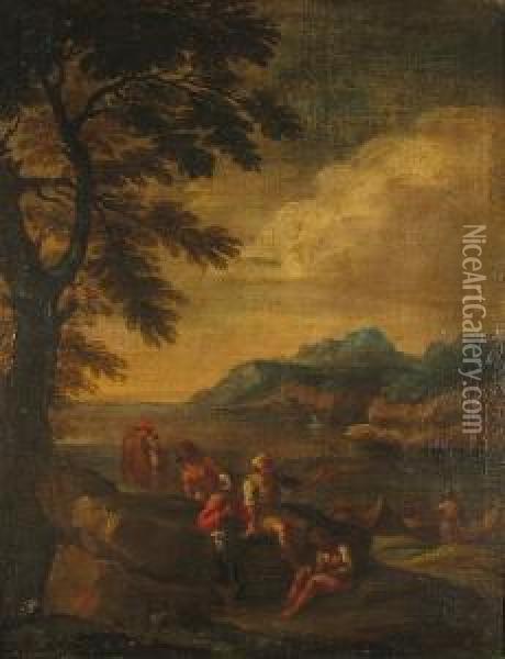 Figures In An Extensive Italianate Landscape Oil Painting - Jacob De Heusch