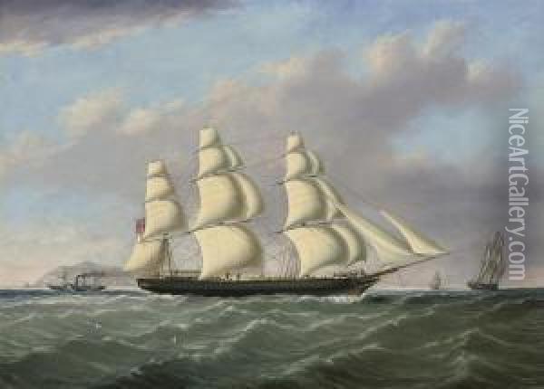 An Outward-bound Merchantman 
Passing Anglesey, With A Cunardsteamer Off Her Stern And Approaching The
 South Stacklighthouse Oil Painting - Joseph Heard