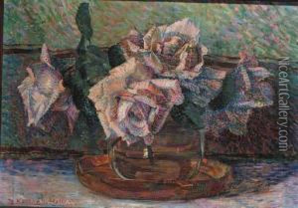 A Still Life With Roses In A Glass Vase Oil Painting - Jo Koster Van Hattum