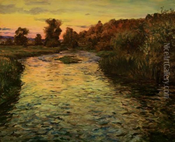 Sunset In The Risle Valley, Normandia Oil Painting - Louis Aston Knight