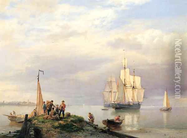 A calm - a river estuary with twomasters at anchor, fisherman on a jetty in the foreground Oil Painting - Hermanus Koekkoek