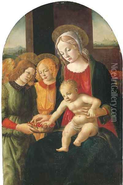 The Madonna and Child with angels, a landscape beyond Oil Painting - Davide Ghirlandaio