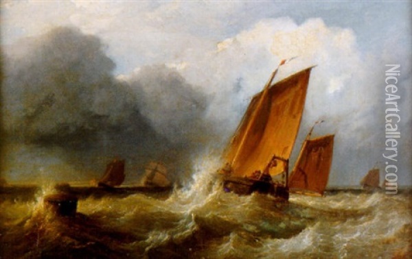 Lugsailed Fishing Boats In Choppy Seas Oil Painting - Edward Duncan