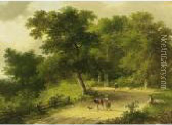 Travellers In A Wooded Summer Landscape Oil Painting - Jan Evert Morel