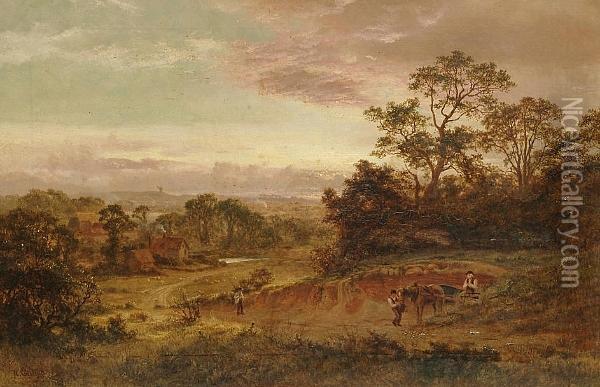 Harvesters In A Landscape At Sunset Oil Painting - Robert Gallon