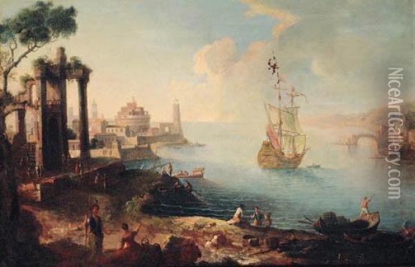 A Capriccio Of An Eastern Harbour With Fisherfolk On The Shore, Aman-o'-war Beyond Oil Painting - Agostino Tassi