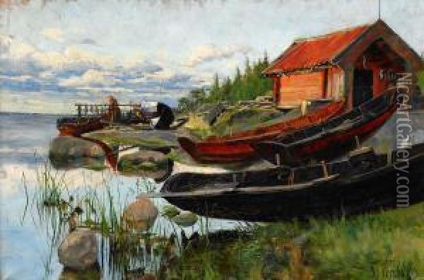 I Strandkanten - Motiv Fran Fiskelage Oil Painting - Gustaf Theodor Wallen