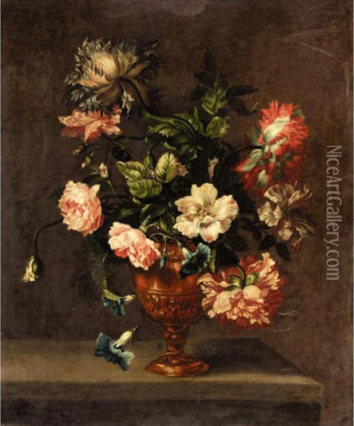 Still Life Of Roses, Paeonies, And Other Flowers In A Vase On A Ledge Oil Painting - Emily Stannard