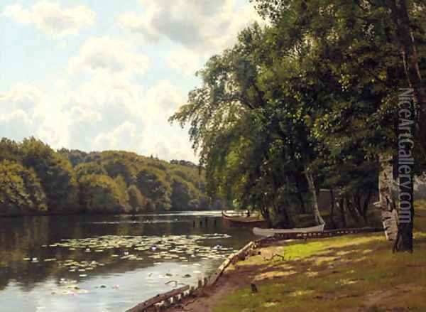 A sunlit river landscape Oil Painting - Georg Vilhelm Arnold Groth