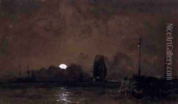 Sunderland Harbour: Moonlight Oil Painting - George Chambers