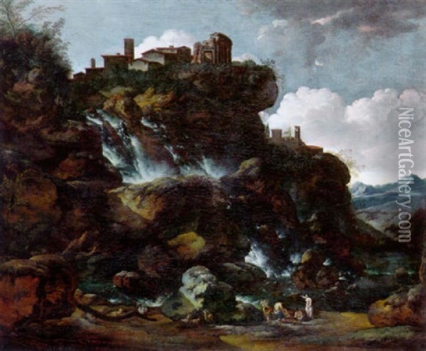 Felsige Landschaft, Hoch Oben Eine Tempelruine Oil Painting - Gaspard Dughet