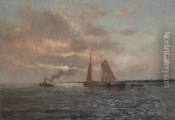 Marine With Steamer And Yacht Oil Painting - Romain Steppe