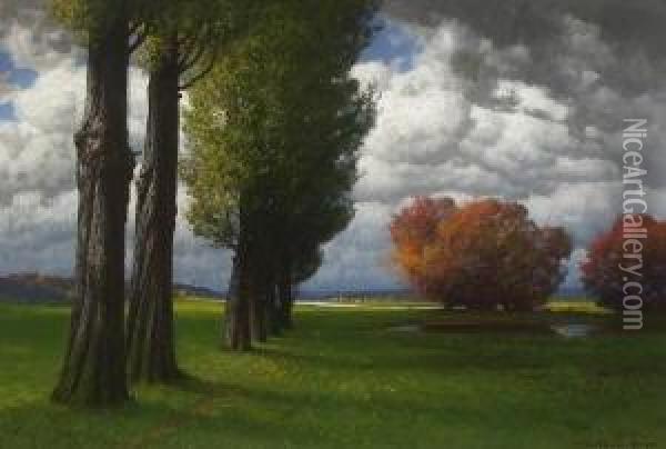 Baumlandschaft Bei Aufziehendem
 Gewitter. Oil Painting - Hermann Traugott Rudisuhli