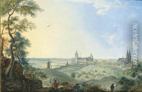 A Panoramic View Of Cleves With Monks And A Traveller On A Track In The Foreground Oil Painting - Johannes Huibert (Hendric) Prins