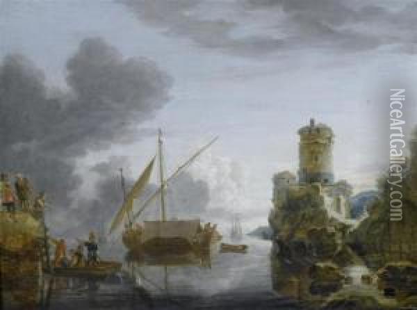 Marine Landscape With Tower And Fisher Folk. Oil Painting - Bonaventura, the Elder Peeters