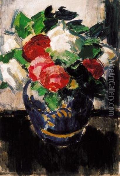 Roses In A Vase Oil Painting - Janos Vaszary