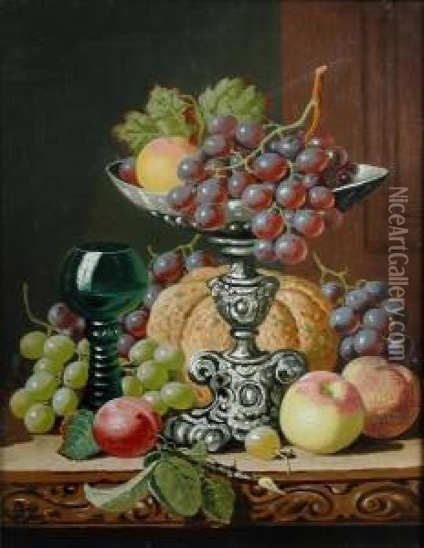 Still Life Of A Bunch Of Grapes On A Tazza, A Roemer, A Pumpkin, Apples And Plums Oil Painting - Charles Thomas Bale