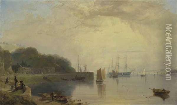 An Estuary In Devon, Possibly Torquay, With Figures And Small Boats In The Foreground And A Man-of-war At Anchor In The Background Oil Painting - William Daniell
