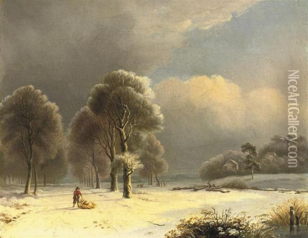 On A Snow-covered Path Oil Painting - Cornelis Kimmel