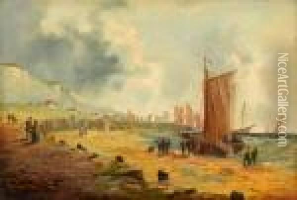 Coastal Scene With Boats Oil Painting - William A. Thornley Or Thornber