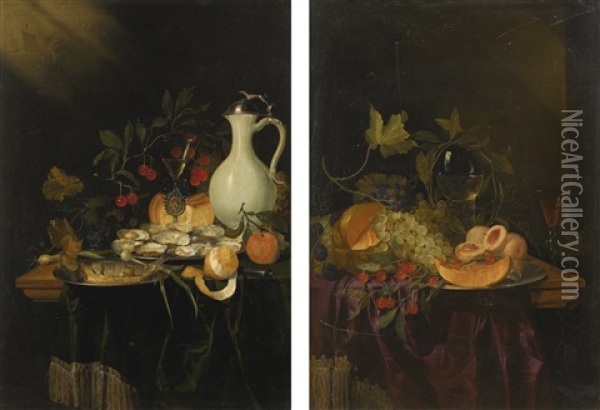 Still Life Of Oysters And A Fish, A Peeled Lemon, Cherries, A Facon De Venise Glass And A Mounted Faience Jug On A Partially-draped Table; Still Life Of A Melon, Grapes, Peaches And A Glass Roemer On A Partially-draped Table Oil Painting - Harmen Loeding