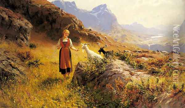 An Alpine Landscapewith a Shepherdess and Goats Oil Painting - Hans Dahl