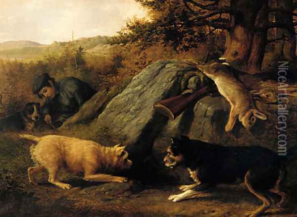 The Rabbit Hunters Oil Painting - Thomas Hewes Hinckley