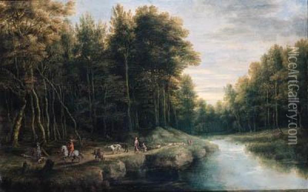 Sportsmen, Shepherds And 
Peasants On A Track By A Brook In Aforest, Another Sportsman Shooting 
Duck Nearby Oil Painting - Lucas Van Uden