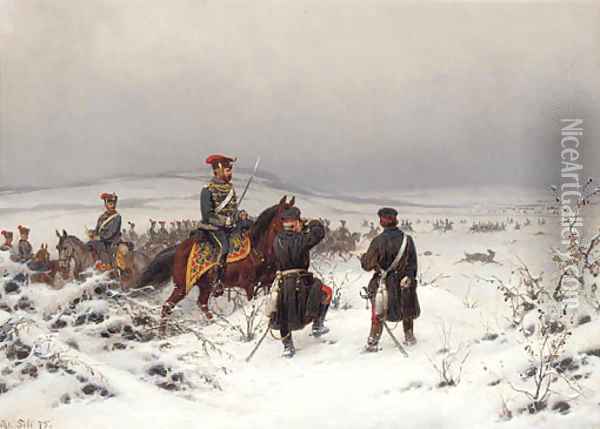 German cavalry in a winter landscape Oil Painting - Christian Sell