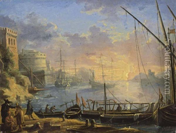 A Mediterranean Harbour Scene At Sunset With Boats Moored At A Quay In The Foreground Oil Painting - Abraham Casembroot