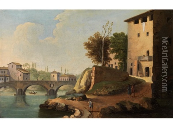 Tiberbrucke In Rom Mit Blick Auf Den Ponte Sisto Und Die Gebaudefront Der Farnesia Oil Painting - Paolo Anesi