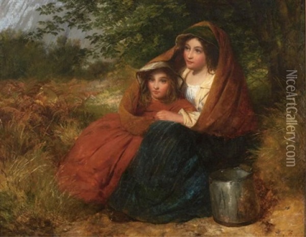 A Young Woman And Child Resting On A Grassy Hillside Oil Painting - Edward John Cobbett